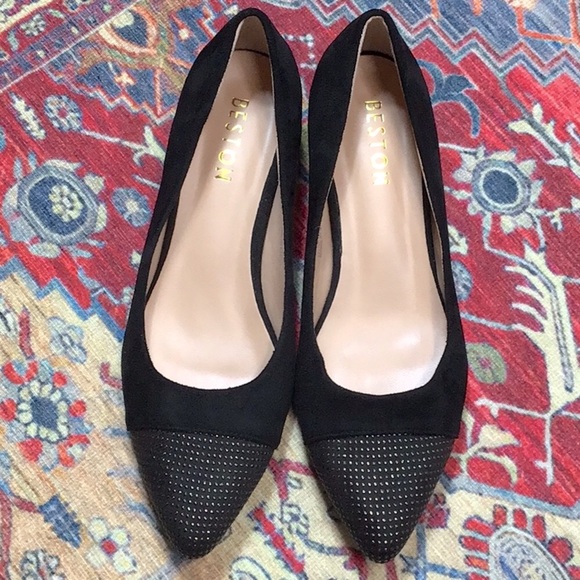🪭 BESTON ‘Lily-2’ Black Faux Suede Embellished Point Toe Block Kitten Heel - Picture 10 of 10